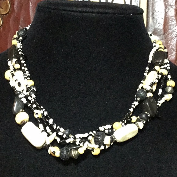 Black White Seed Beaded and Carved Beads Bohemian Necklace 18”L Adj Handmade EVC - Picture 3 of 10